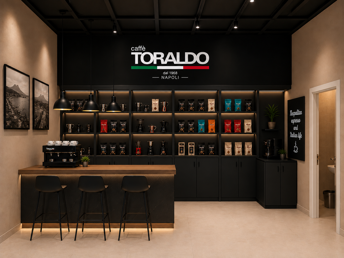 Showroom Caffè Toraldo con scaffali neri a Bar